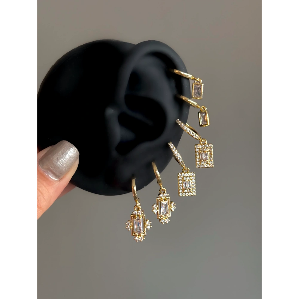 Çelik Gold Baget Taşlı 6 Lı Küpe Seti