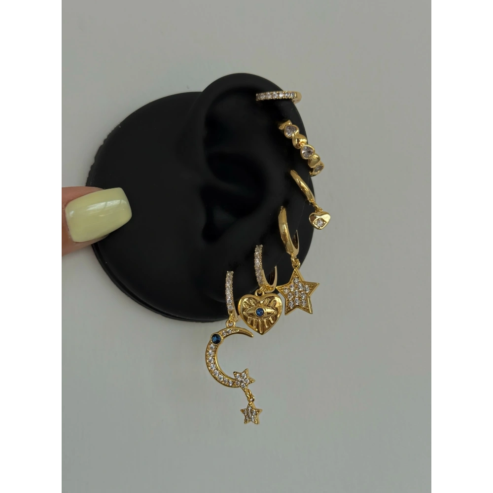 Çelik Gold Hilal Detay 6 Lı Küpe Seti