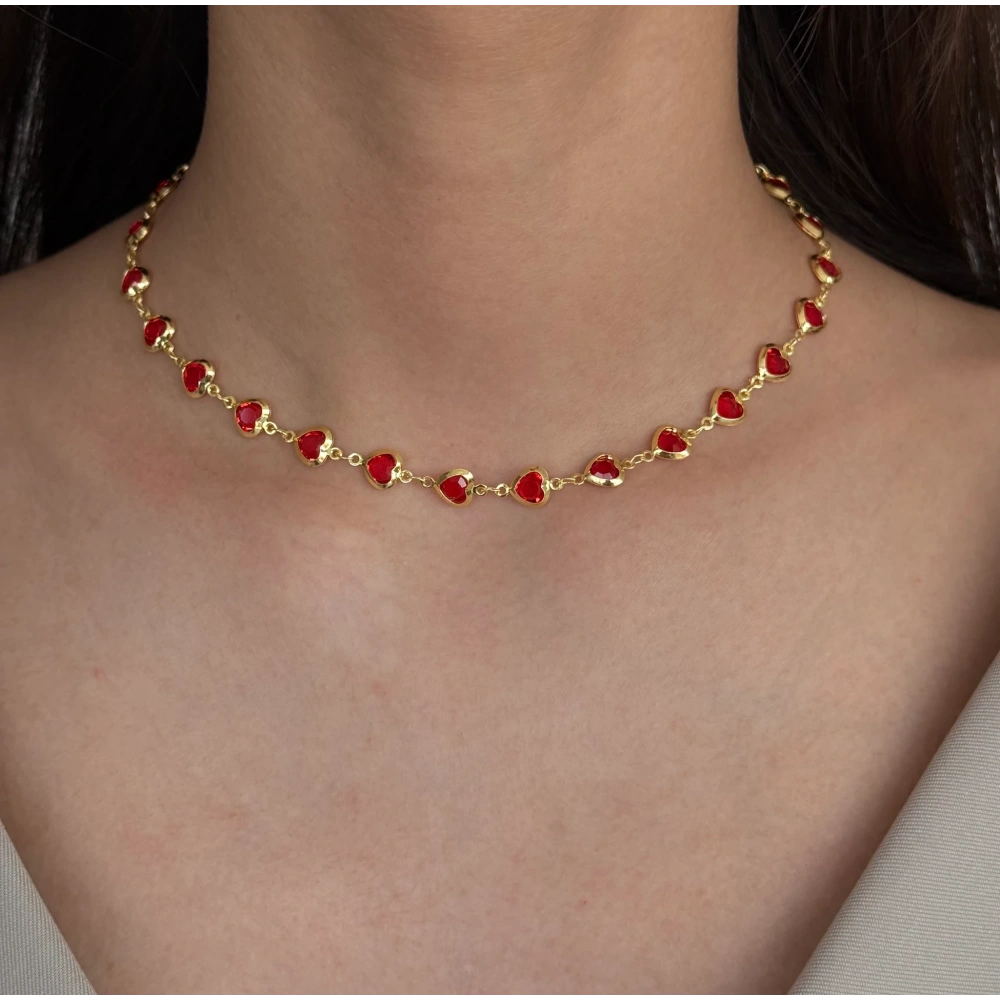 Çelik Gold Kırmızı Kalp Choker