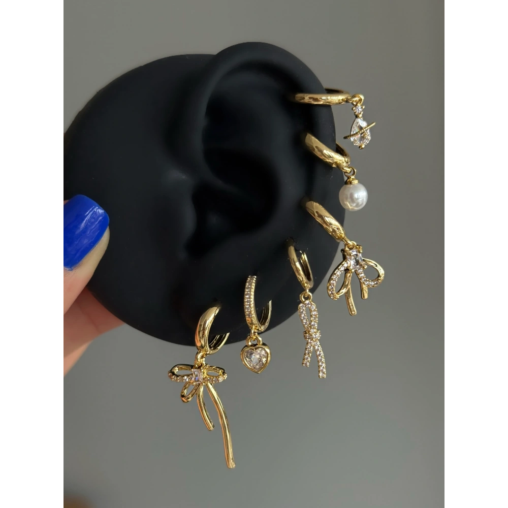 Çelik Gold Kurdela Detay 6 Lı Küpe Seti