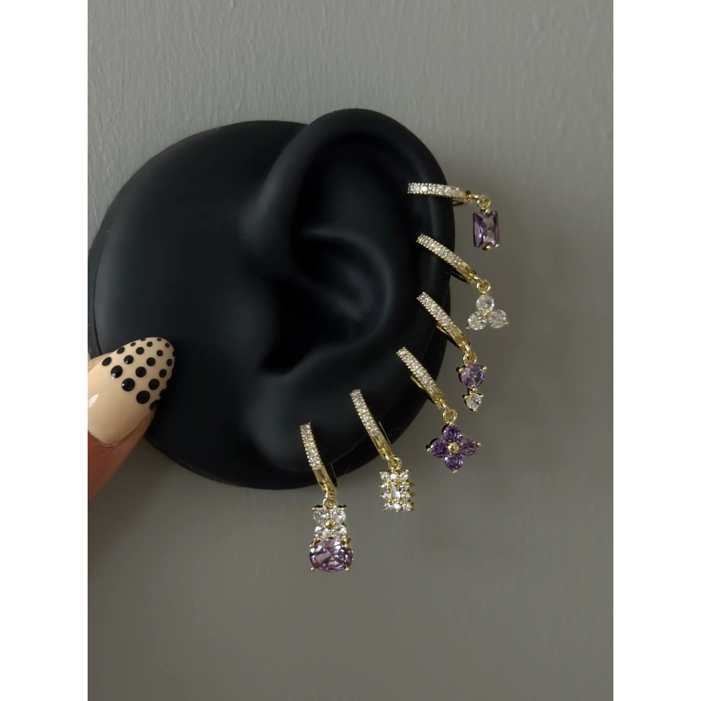 Çelik Gold Lila 6 Lı Küpe Seti