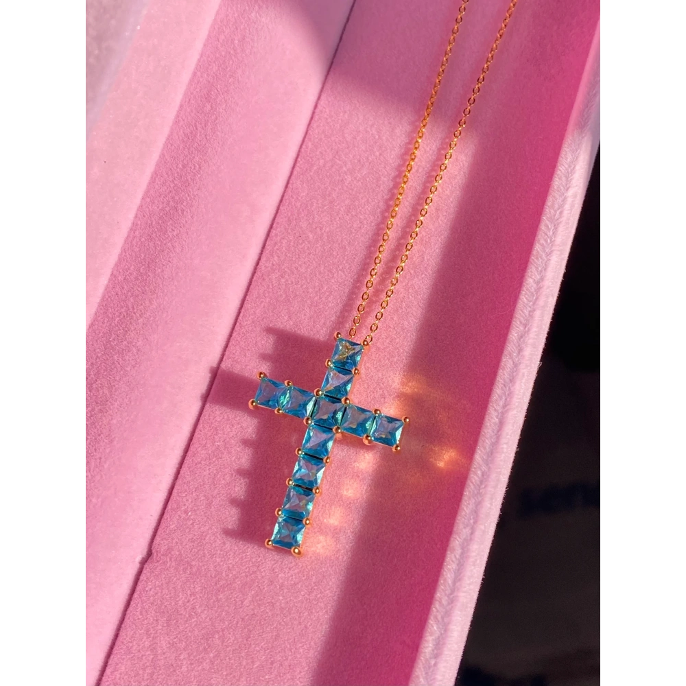 Çelik Gold Mavi Swarovski Taşlı Haç Kolye