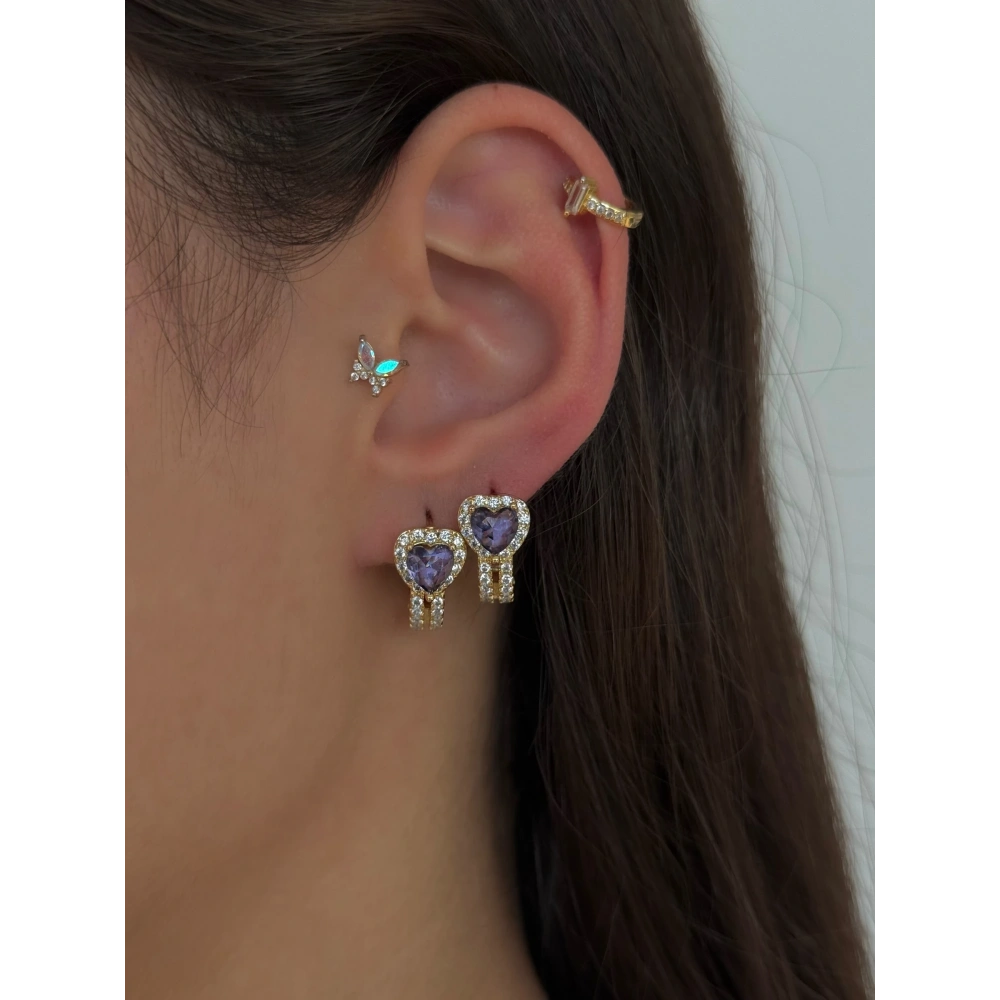 Çelik Gold Mor Kalp Küpe