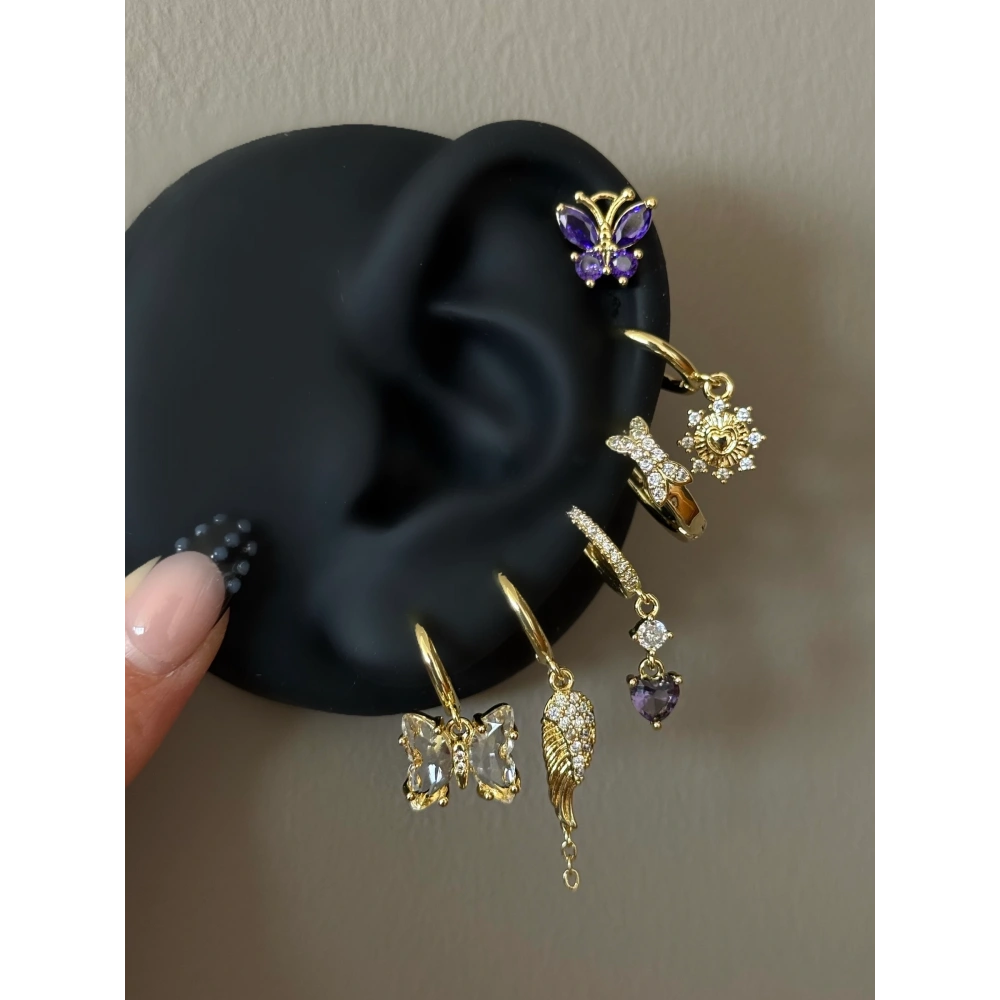 Çelik Gold Mor Kelebekli 6 Lı Küpe Seti