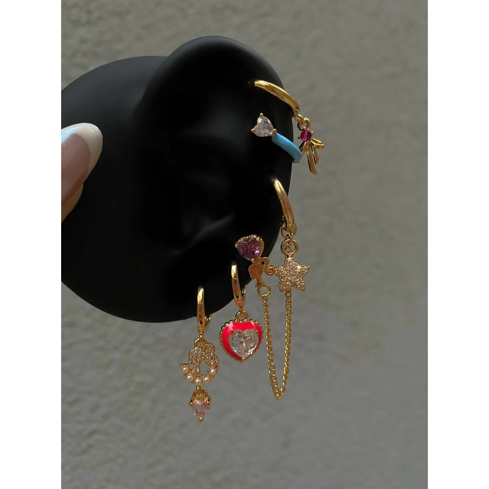 Çelik Gold Pembe Kalp Detaylı 6 Lı Küpe Seti