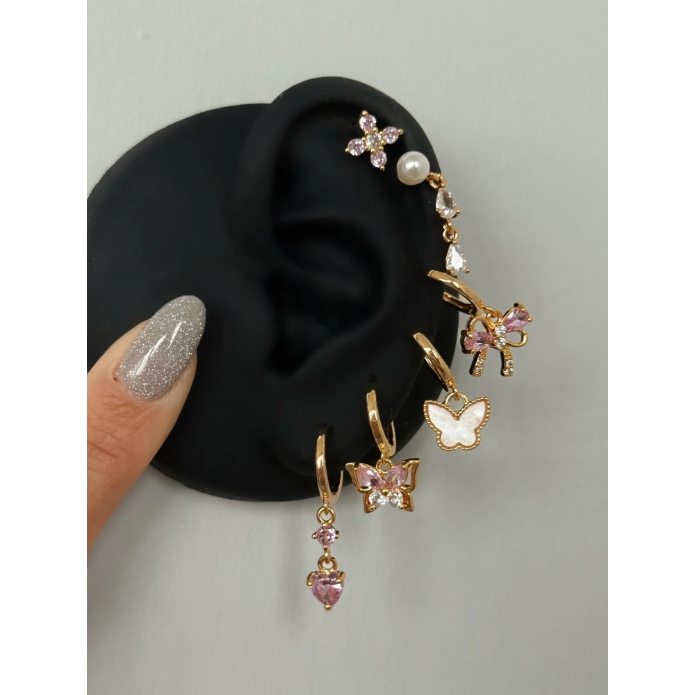 Çelik Gold Pembe Kelebekli 6 Lı Küpe Seti