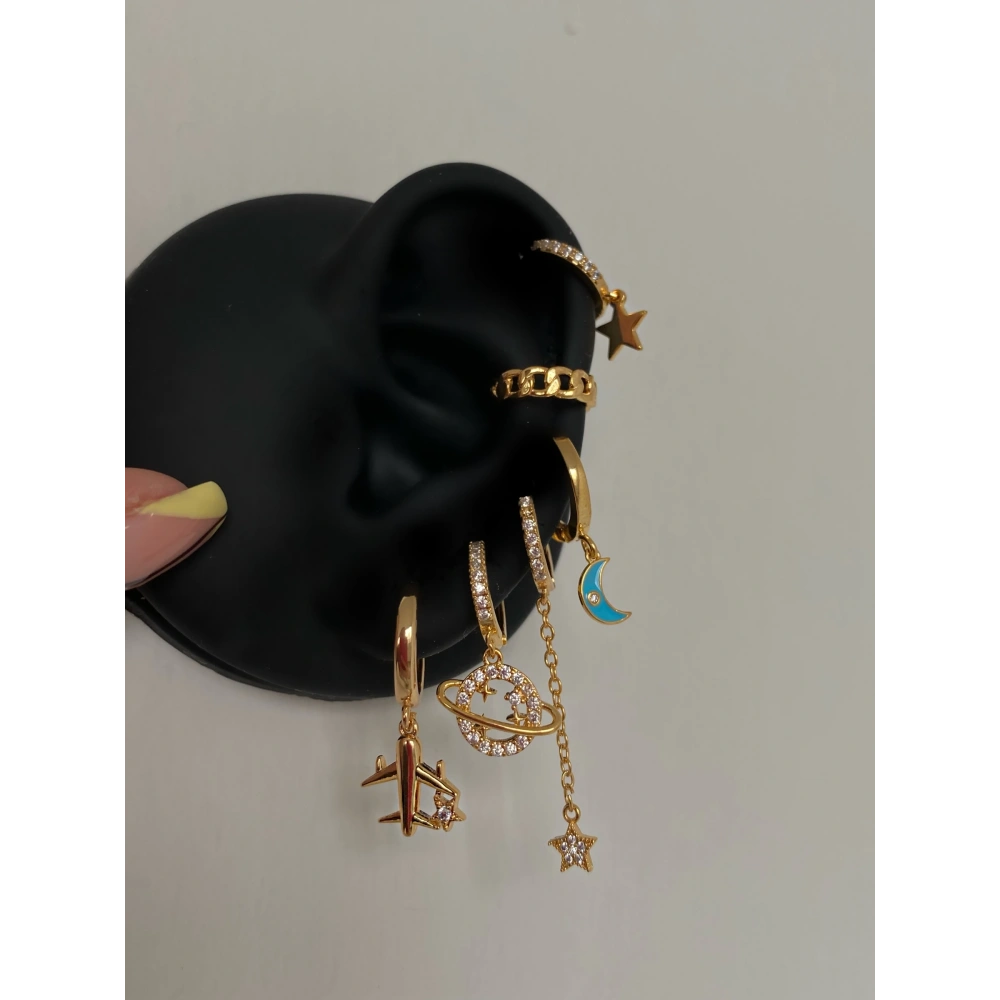 Çelik Gold Uçak Detaylı 6 Lı Küpe Seti