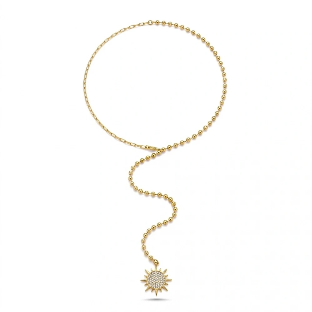 Çelik Güneş Detaylı Y Kolye