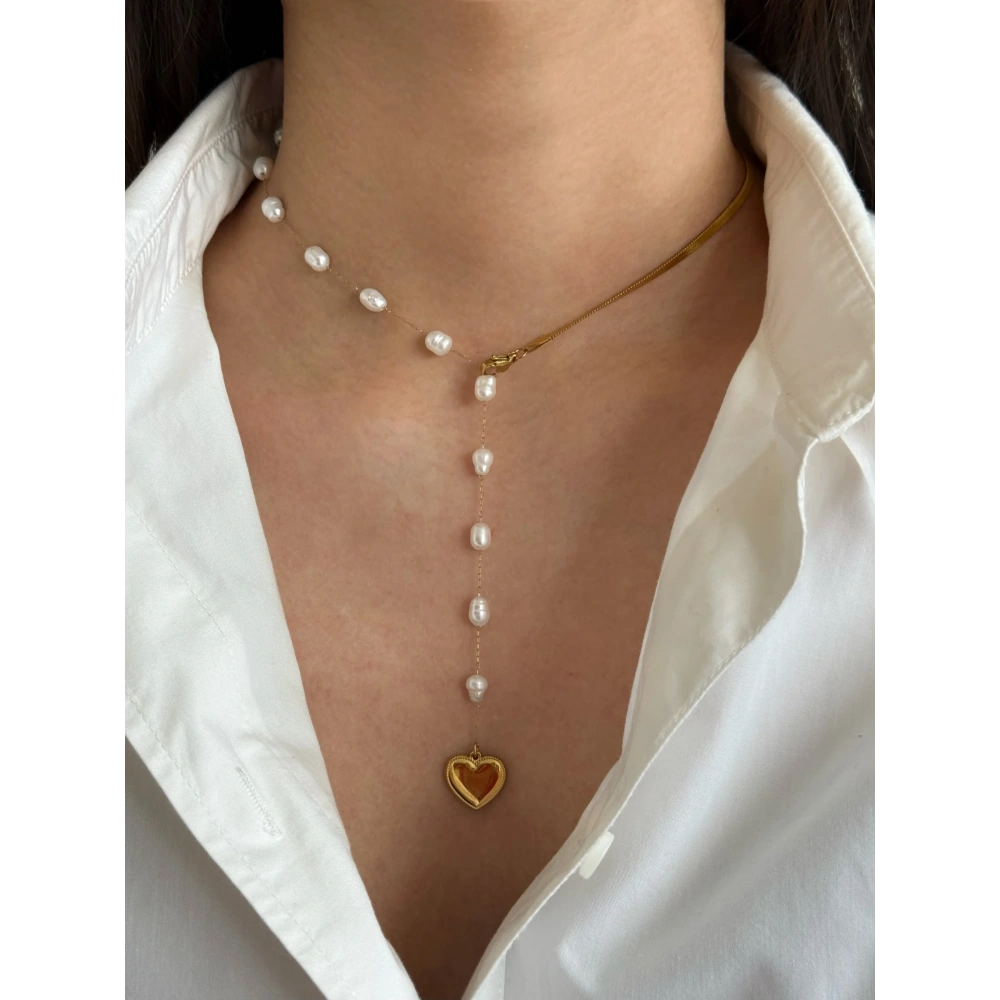 Çelik İnci Detaylı Kalpli Y Kolye