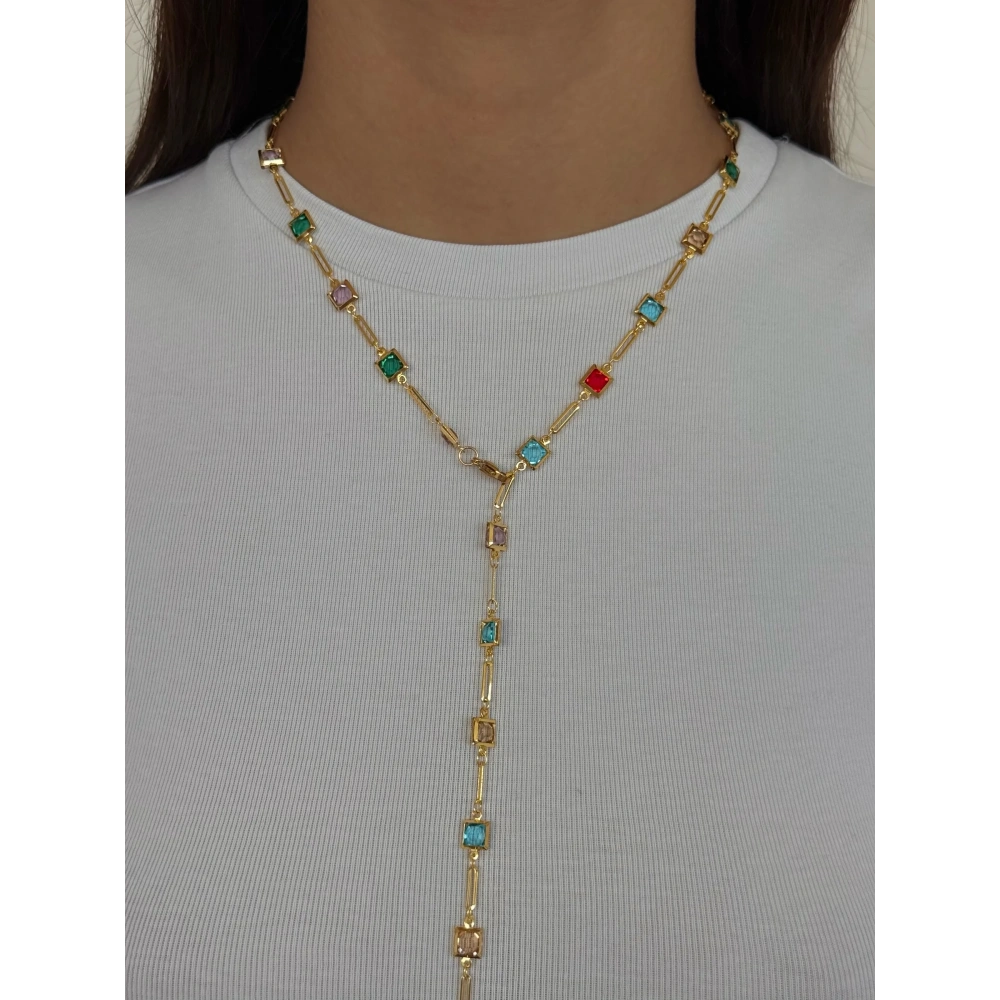 Çelik Kare Taş Renkli Y Kolye