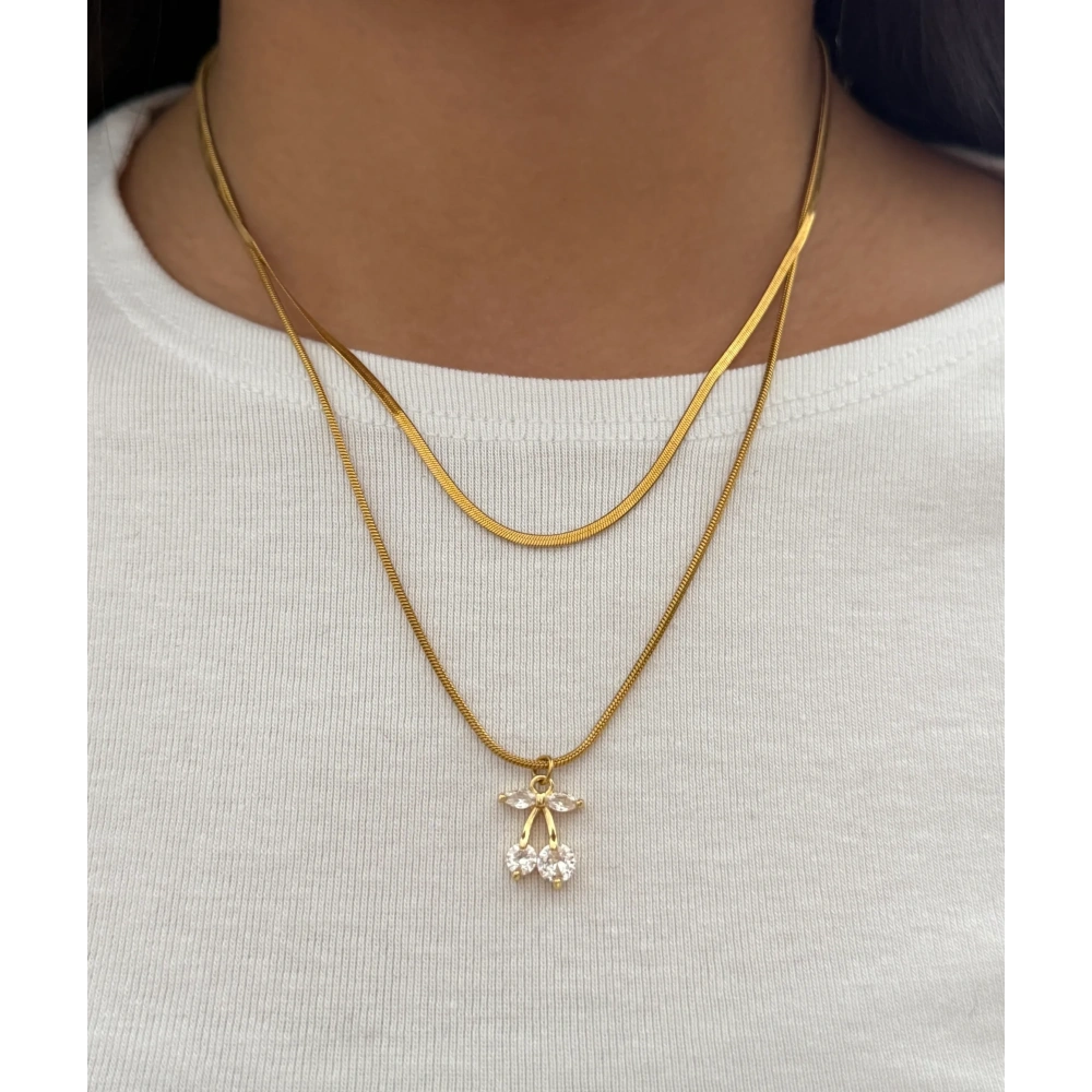 Çelik Kiraz Detaylı İkili Kolye