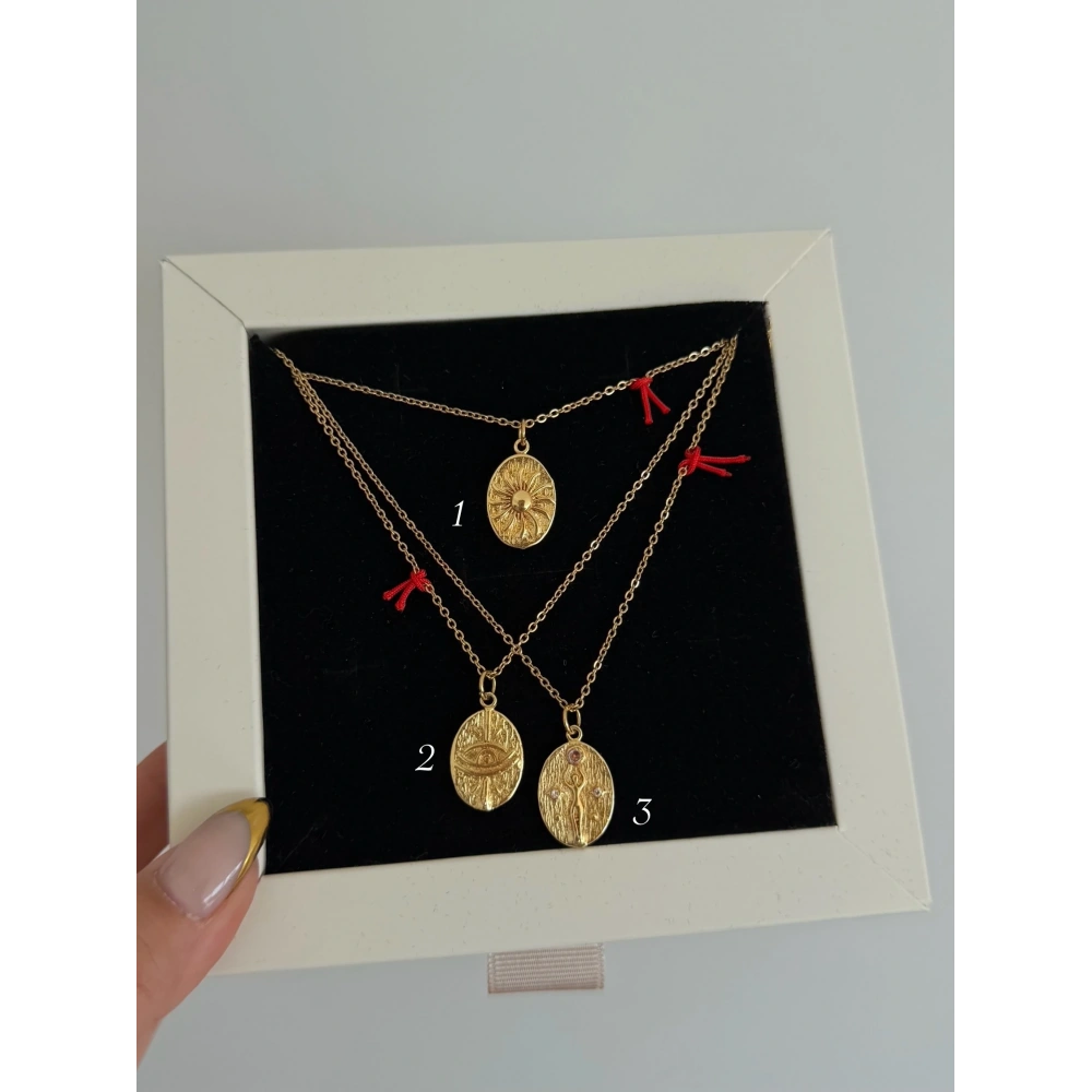 Çelik Kırmızı Kurdela Detaylı Vintage Kolye