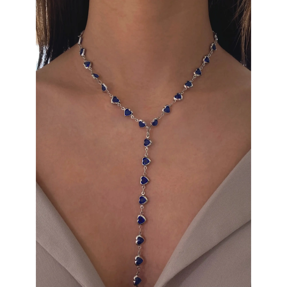Çelik Lacivert Kalp Zincirli Y Kolye