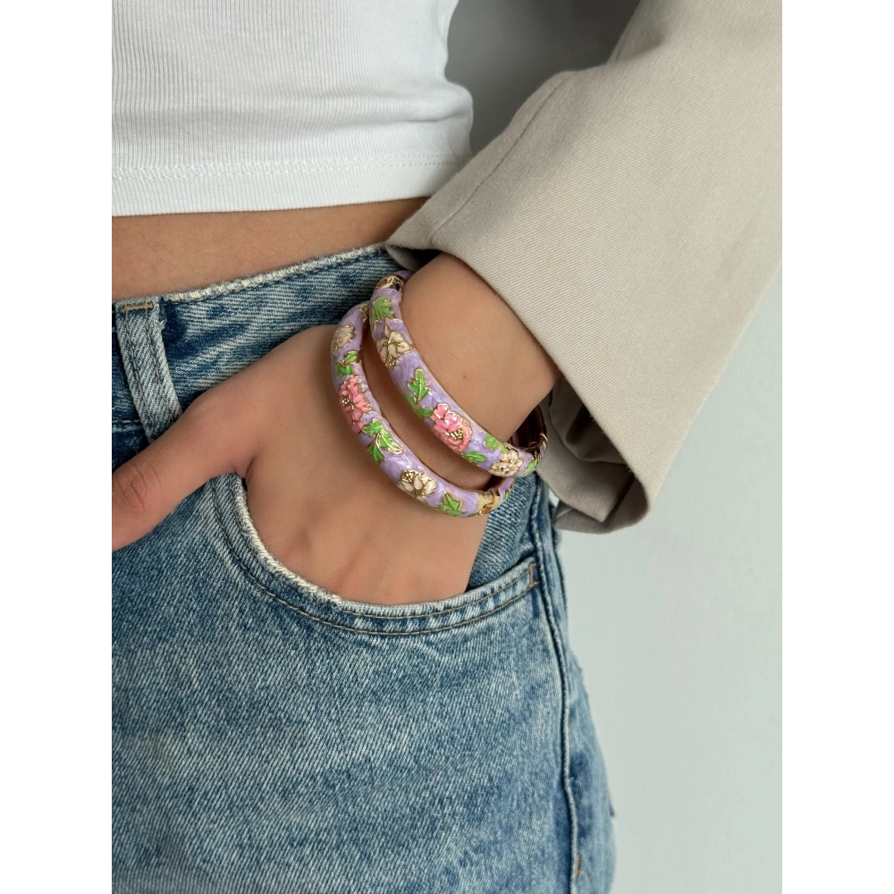 Çelik Lila Çiçek Detaylı Mineli Kelepçe Bileklik