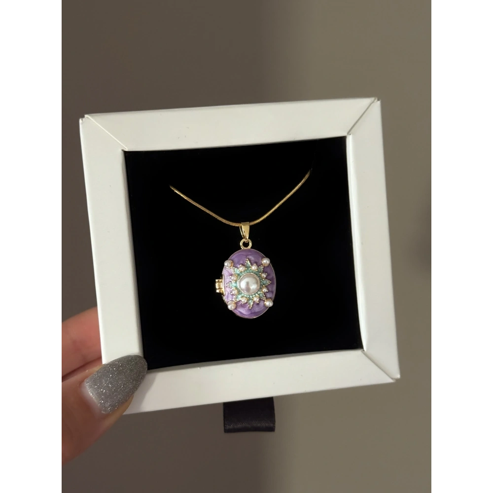 Çelik Lila İncili Kapaklı Kolye