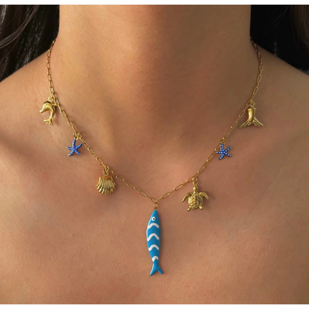 Çelik Mavi Balık Detay 7 Charmlı Kolye