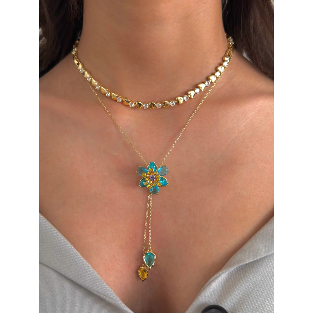 Çelik Mavi Çiçek Kolye