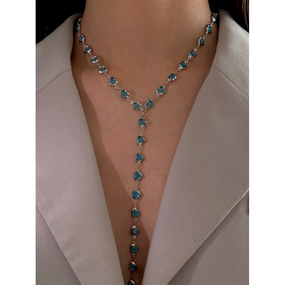 Çelik Mavi Kalp Zincirli Y Kolye