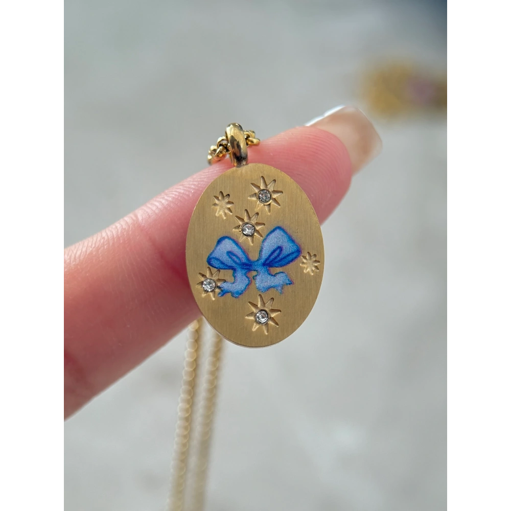 Çelik Mavi Kurdele Detay Kolye