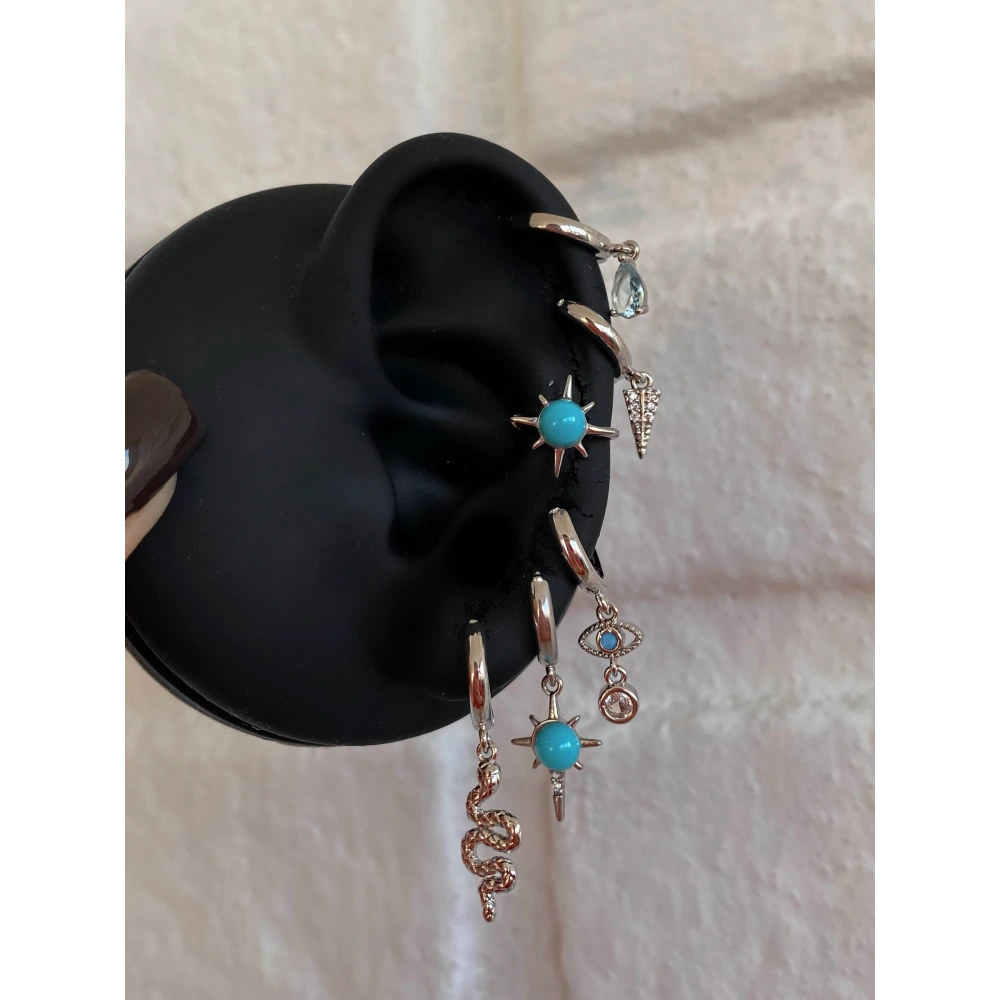 Çelik Mavi Mineli 6 Lı Küpe Seti