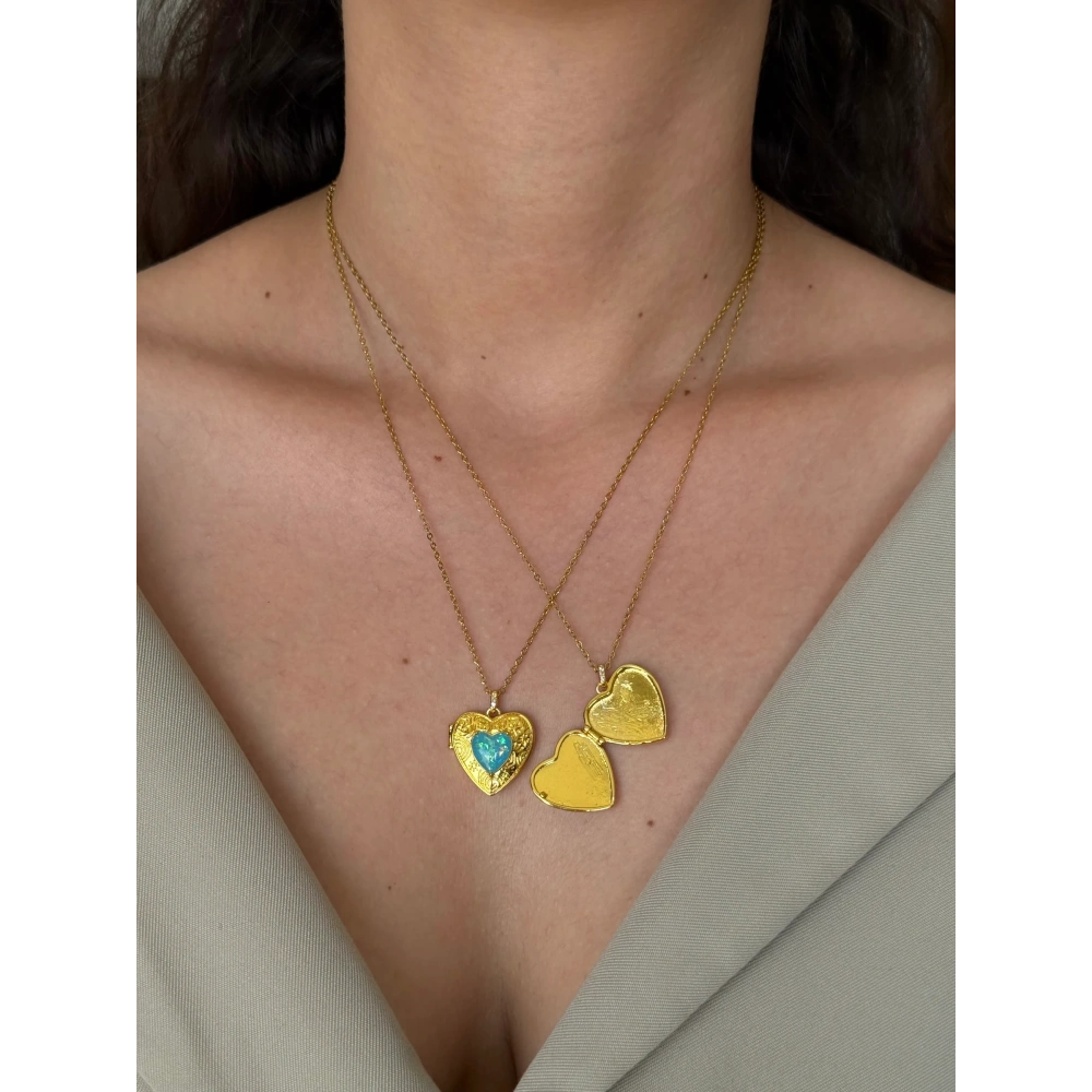 Çelik Mavi Opal Taşlı Resimlik Detay Kolye