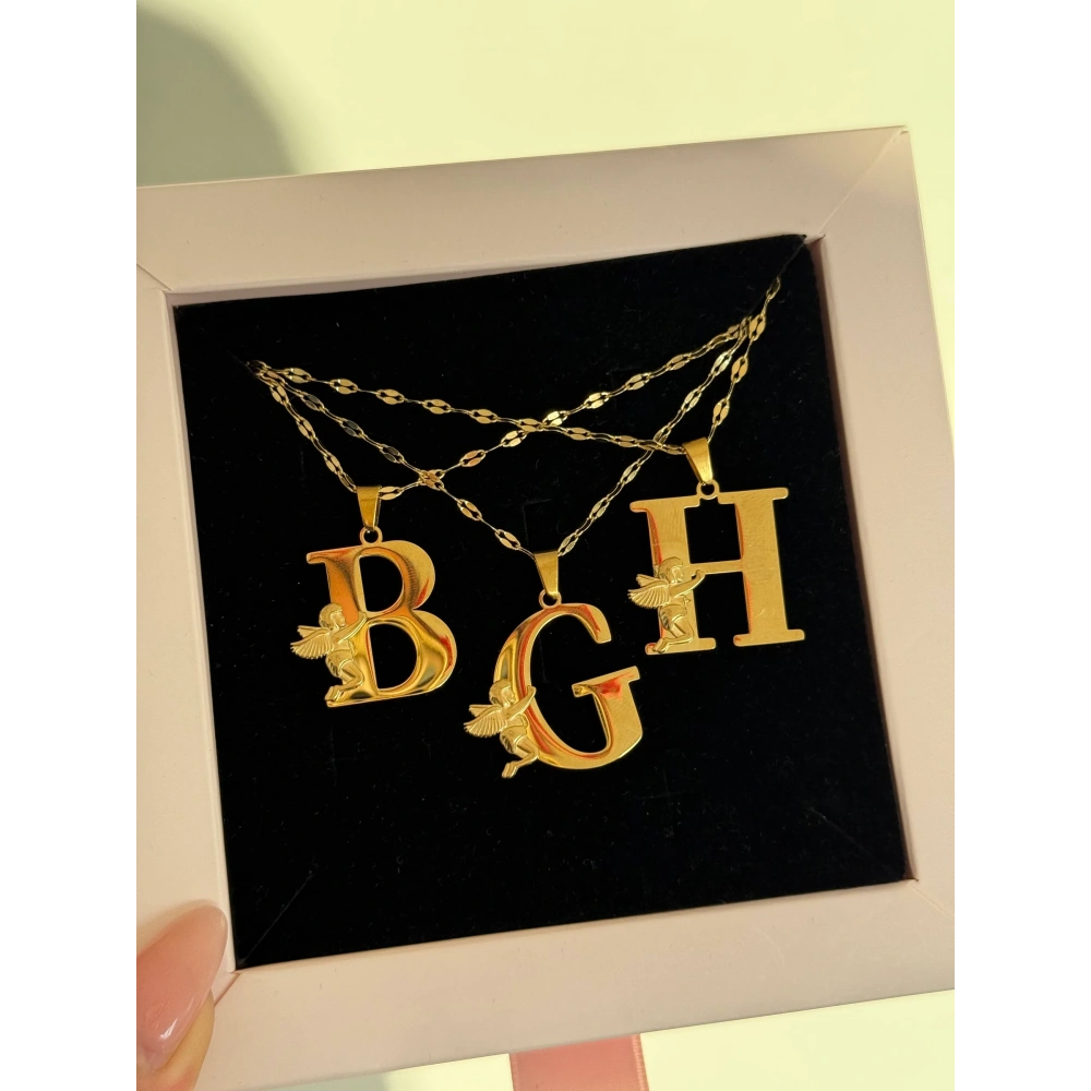 Çelik Melek Detaylı H Harfli Kolye