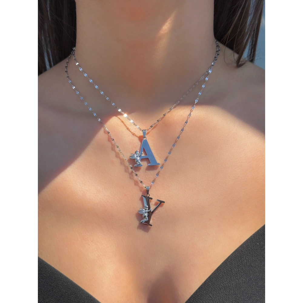 Çelik Melek Detaylı Silver A Harfli Kolye