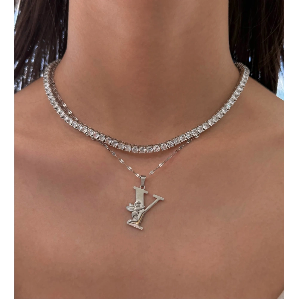 Çelik Melek Detaylı Silver Y Harfli Kolye