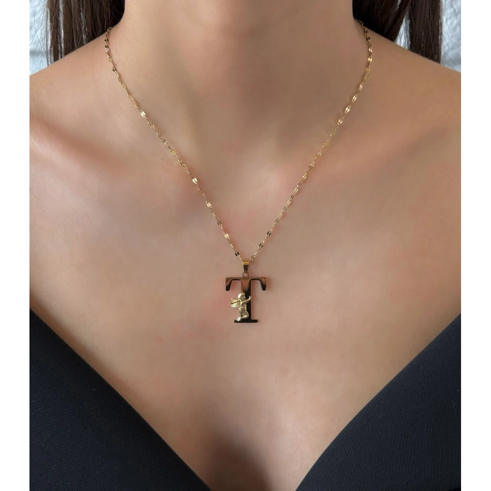 Çelik Melek Detaylı T Harfli Kolye