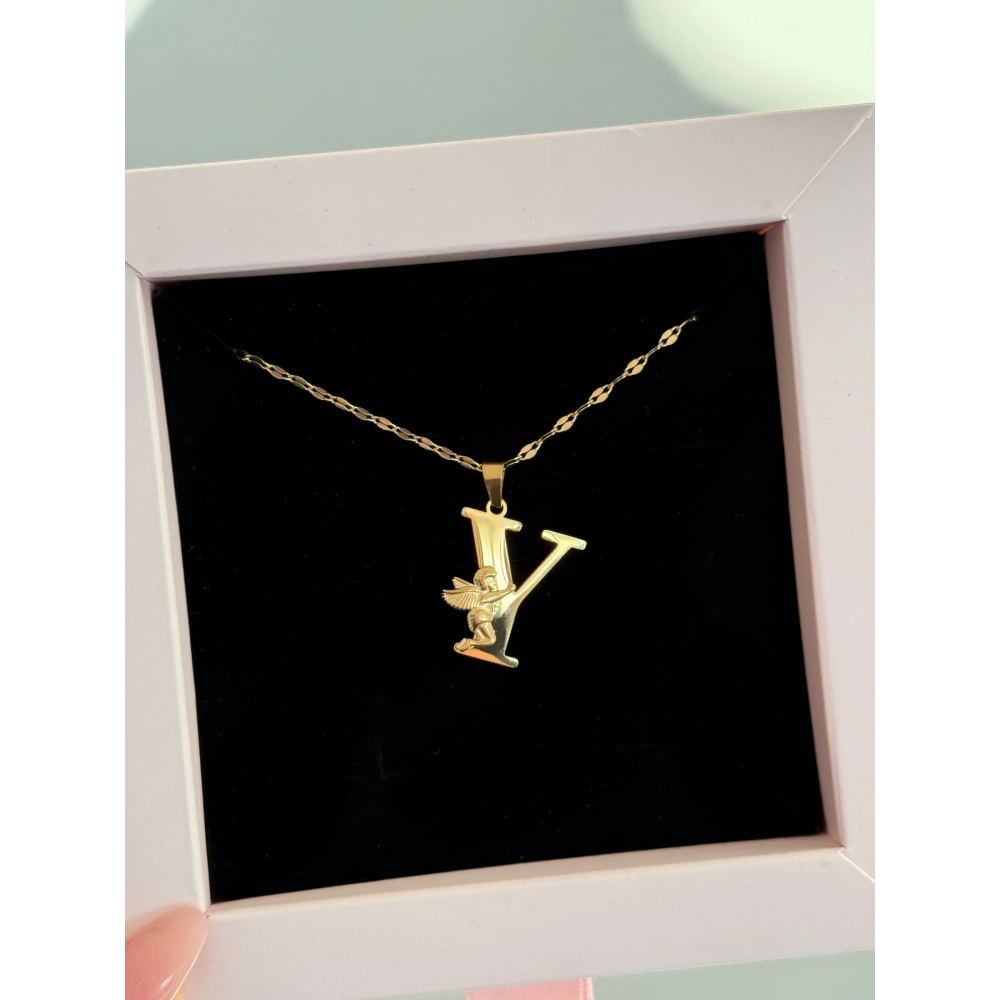 Çelik Melek Detaylı Y Harfli Kolye