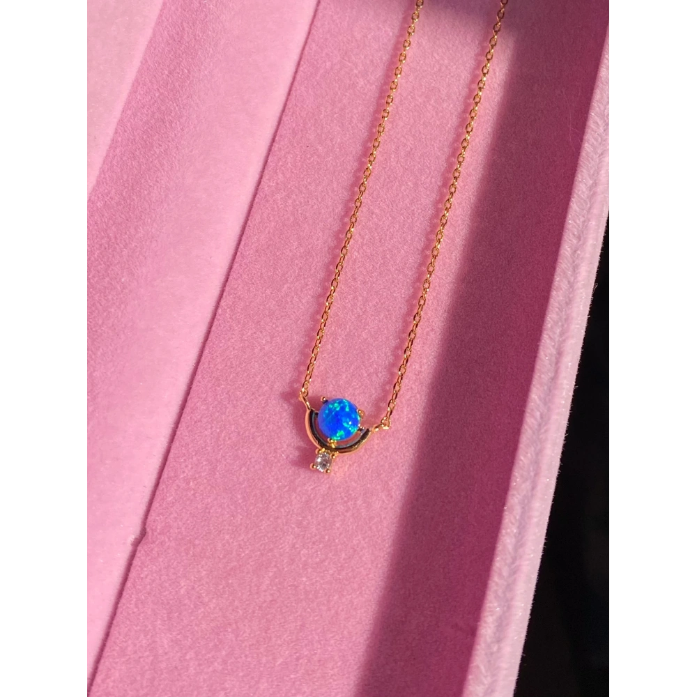 Çelik Minimal Mavi Opal Taşlı Kolye