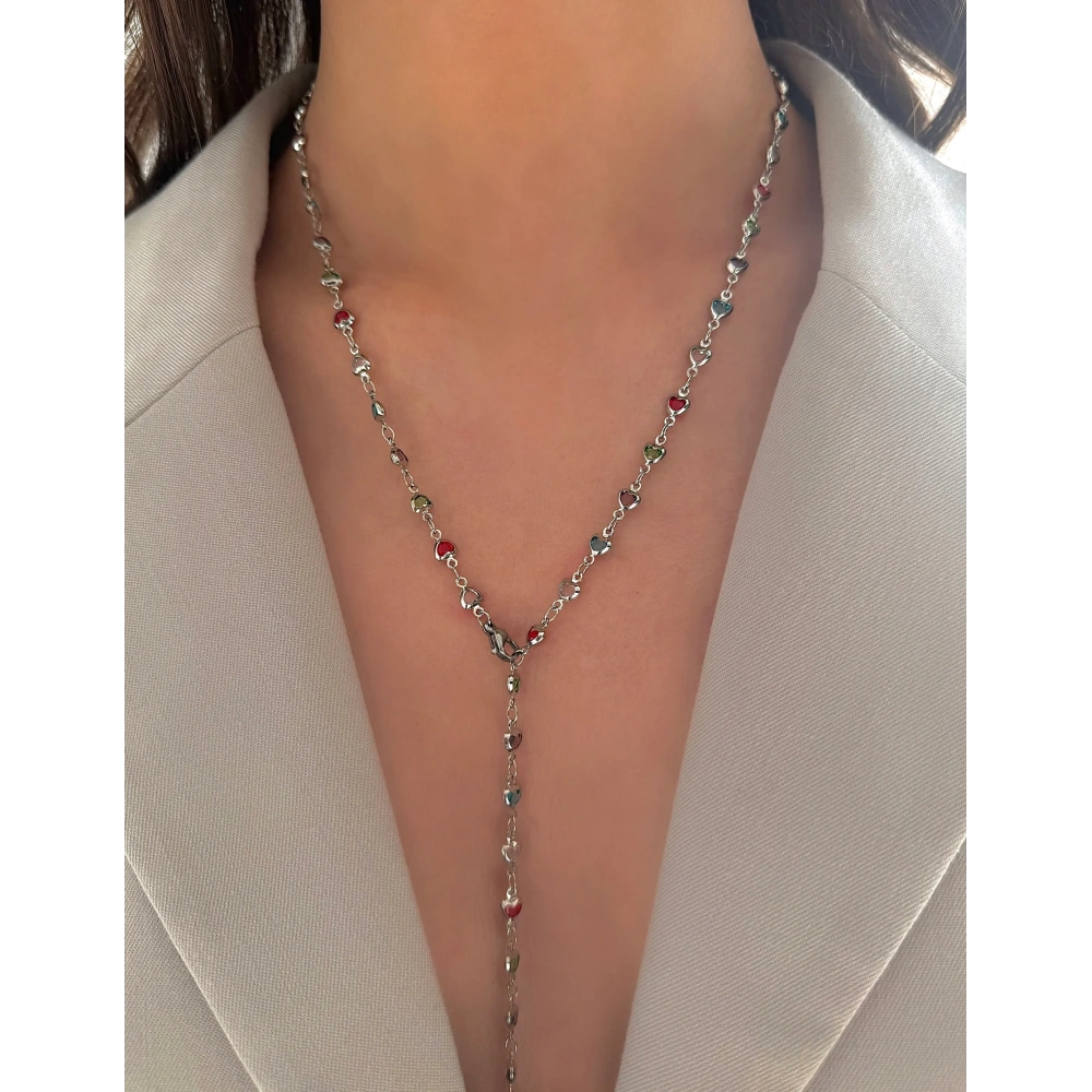 Çelik Minimal Renkli Kalpli Y Kolye