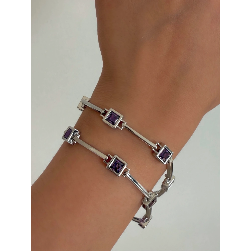 Çelik Mor Kare Taşlı Bileklik