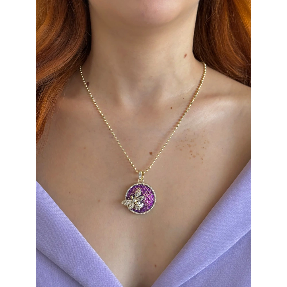 Çelik Mor Mineli Arı Detay Kolye