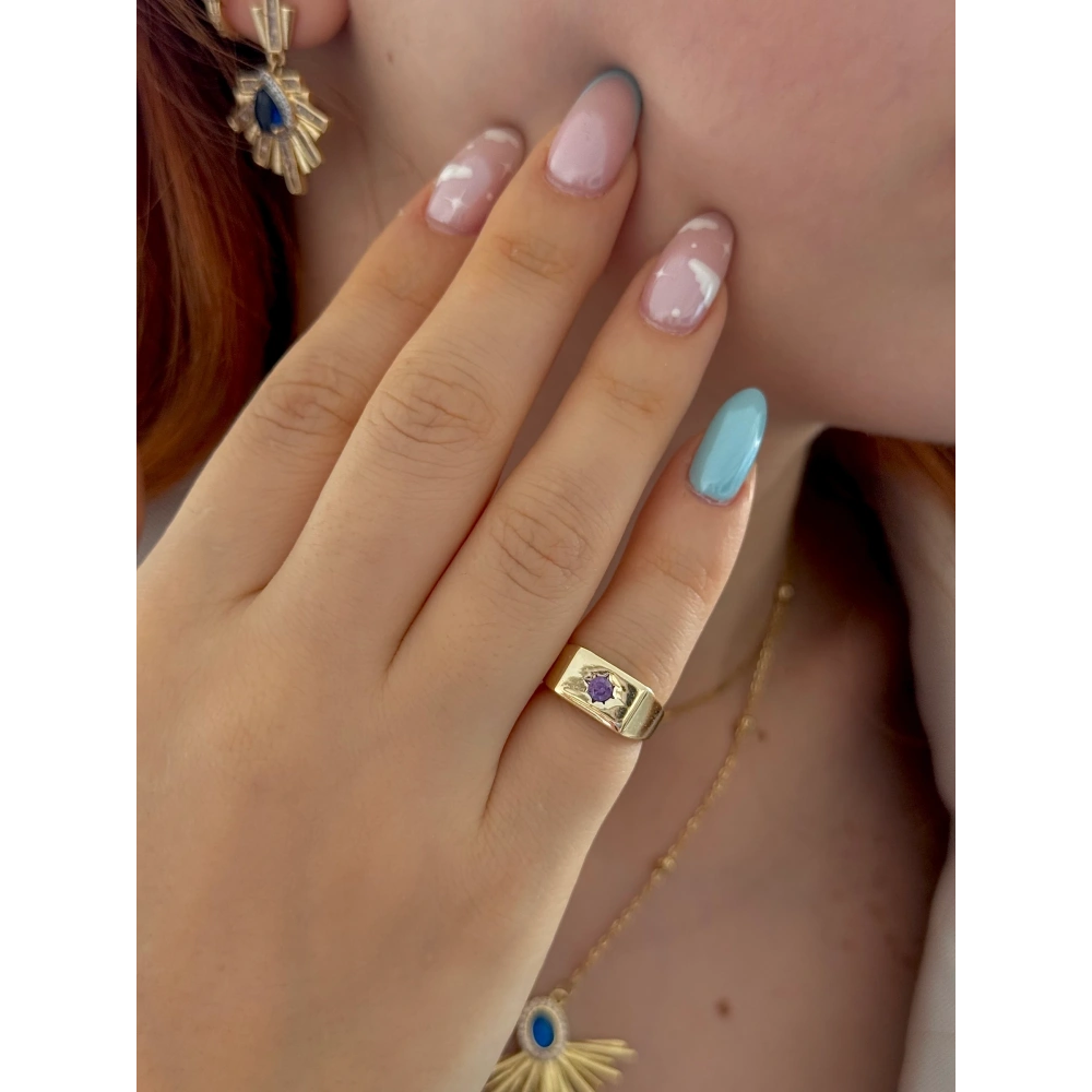 Çelik Mor Taşlı Serçe Parmak Yüzük