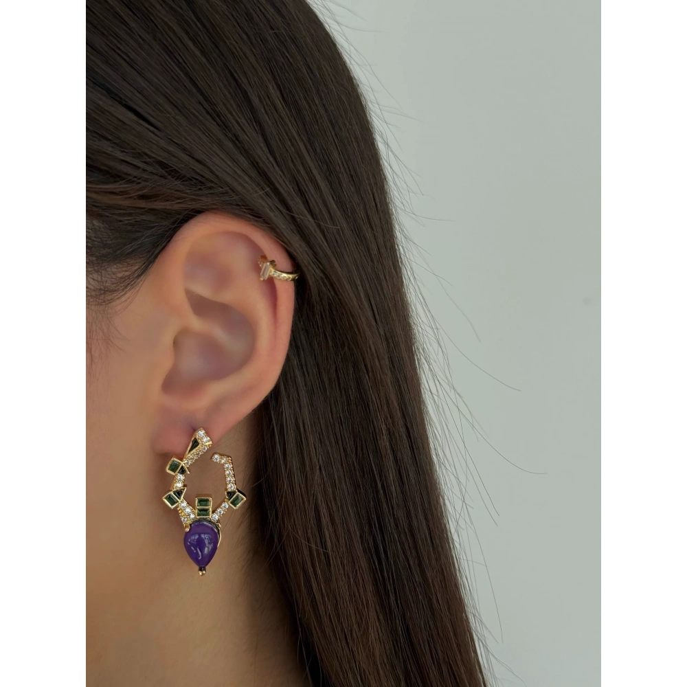 Çelik Mor Taşlı Tasarım Küpe