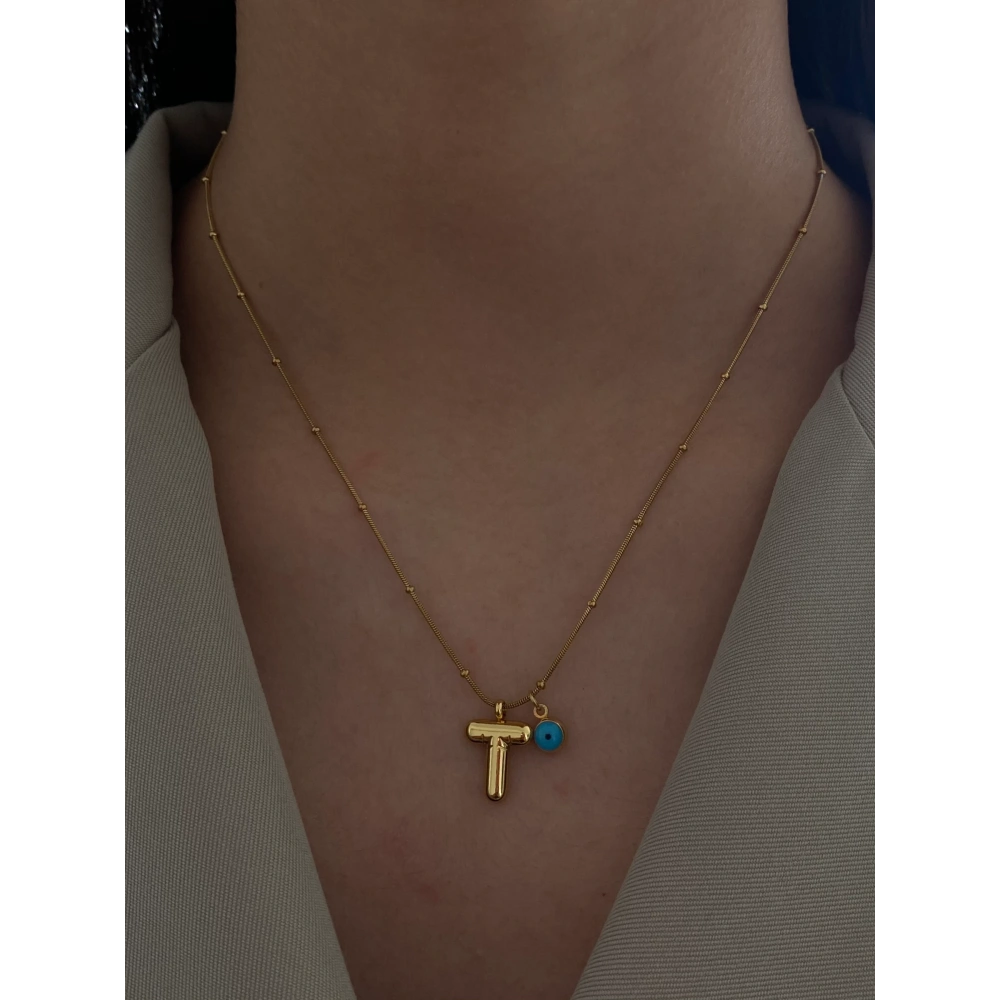 Çelik Nazar Detay Mini Balon T Harf Kolye