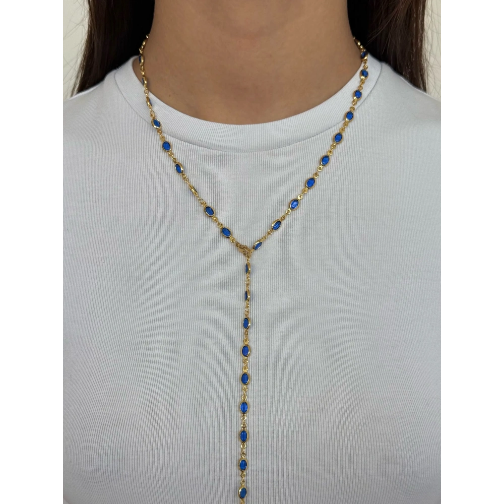 Çelik Oval Taşlı Lacivert Y Kolye