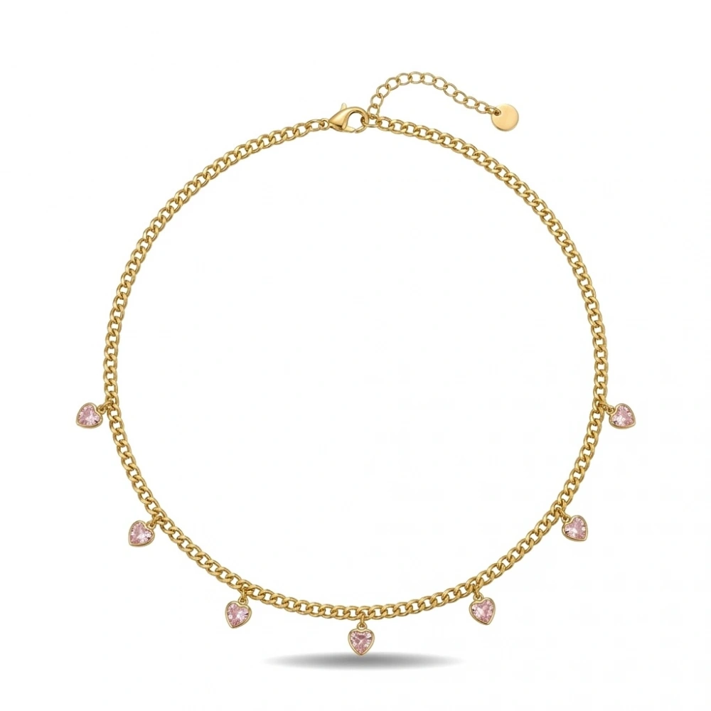Çelik Pembe 7 Kalpli Charm Kolye
