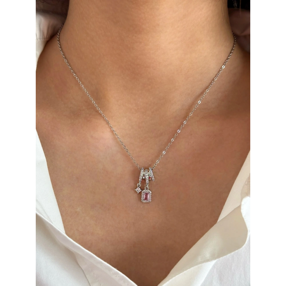 Çelik Pembe Baget Taşlı Tasarım Kolye