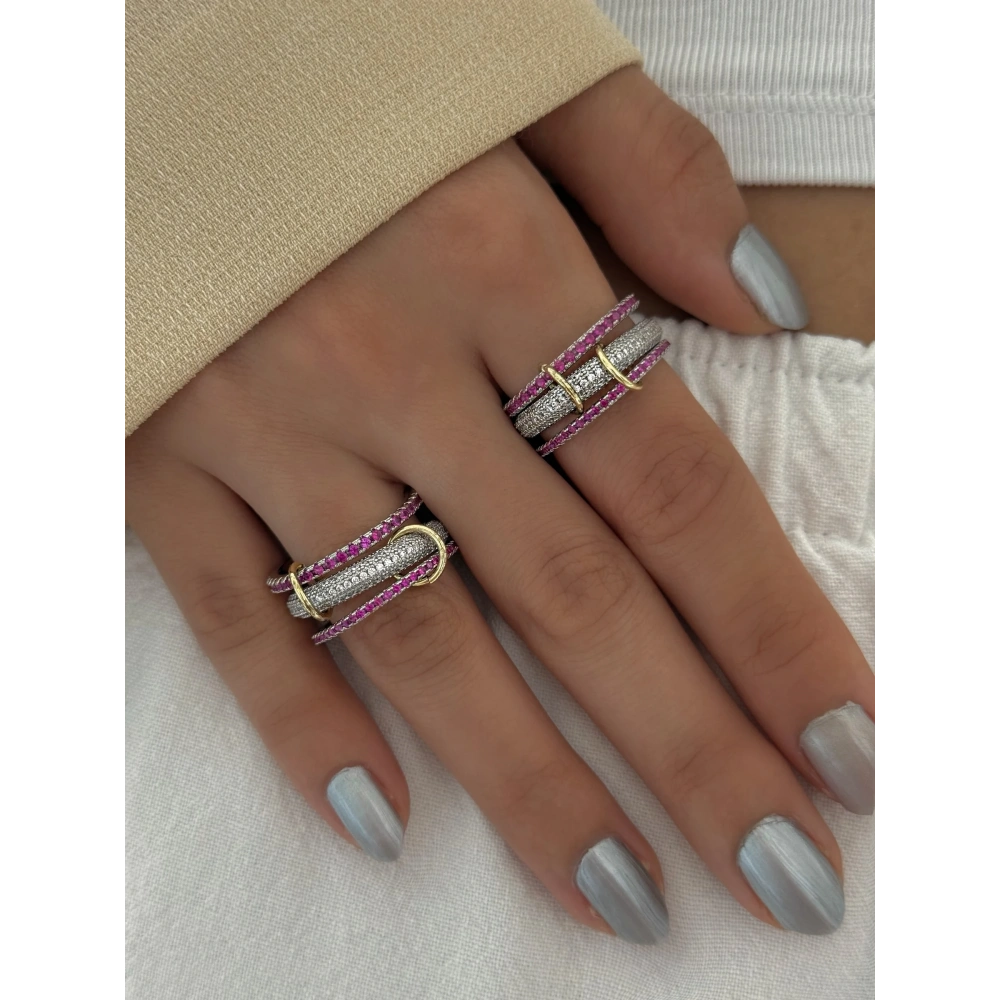 Çelik Pembe Full Taşlı Renk Spiral Yüzük