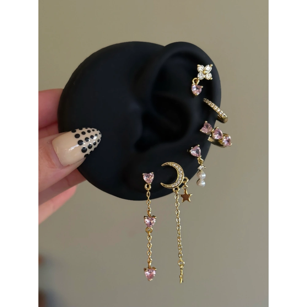 Çelik Pembe Hilal Detay 6 Lı Küpe Seti