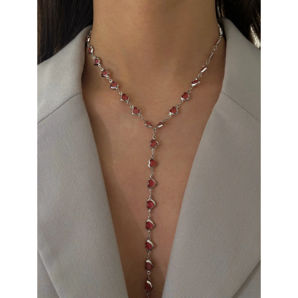 Çelik Pembe Kalp Zincirli Y Kolye