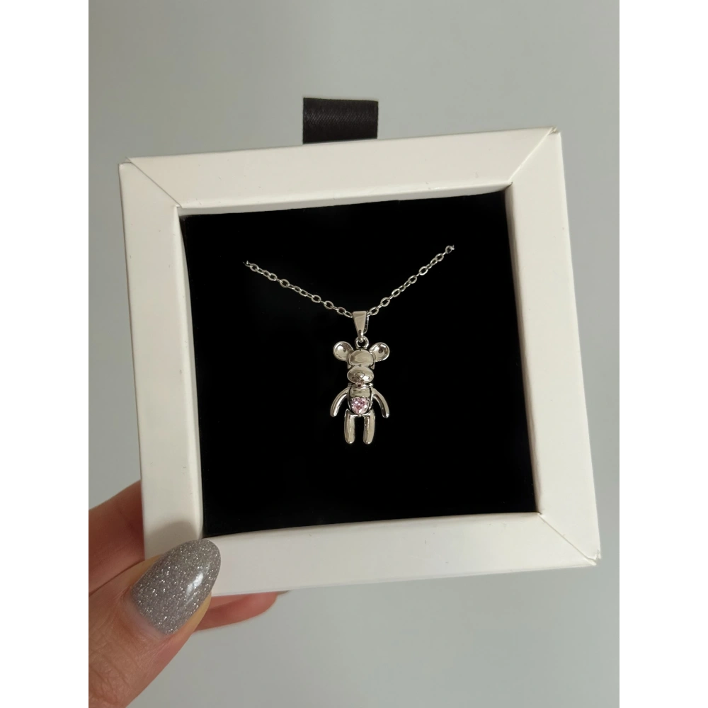 Çelik Pembe Kalpli Ayıcık Kolye