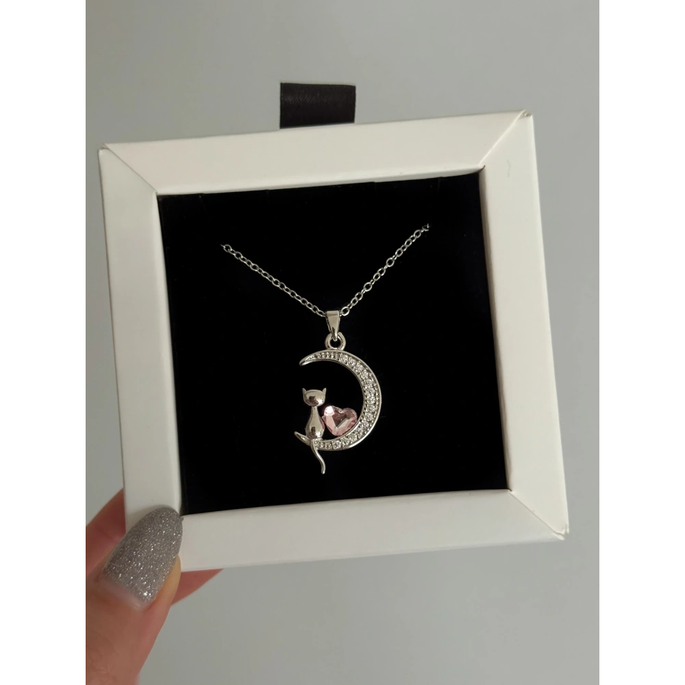Çelik Pembe Kalpli Kedili Kolye