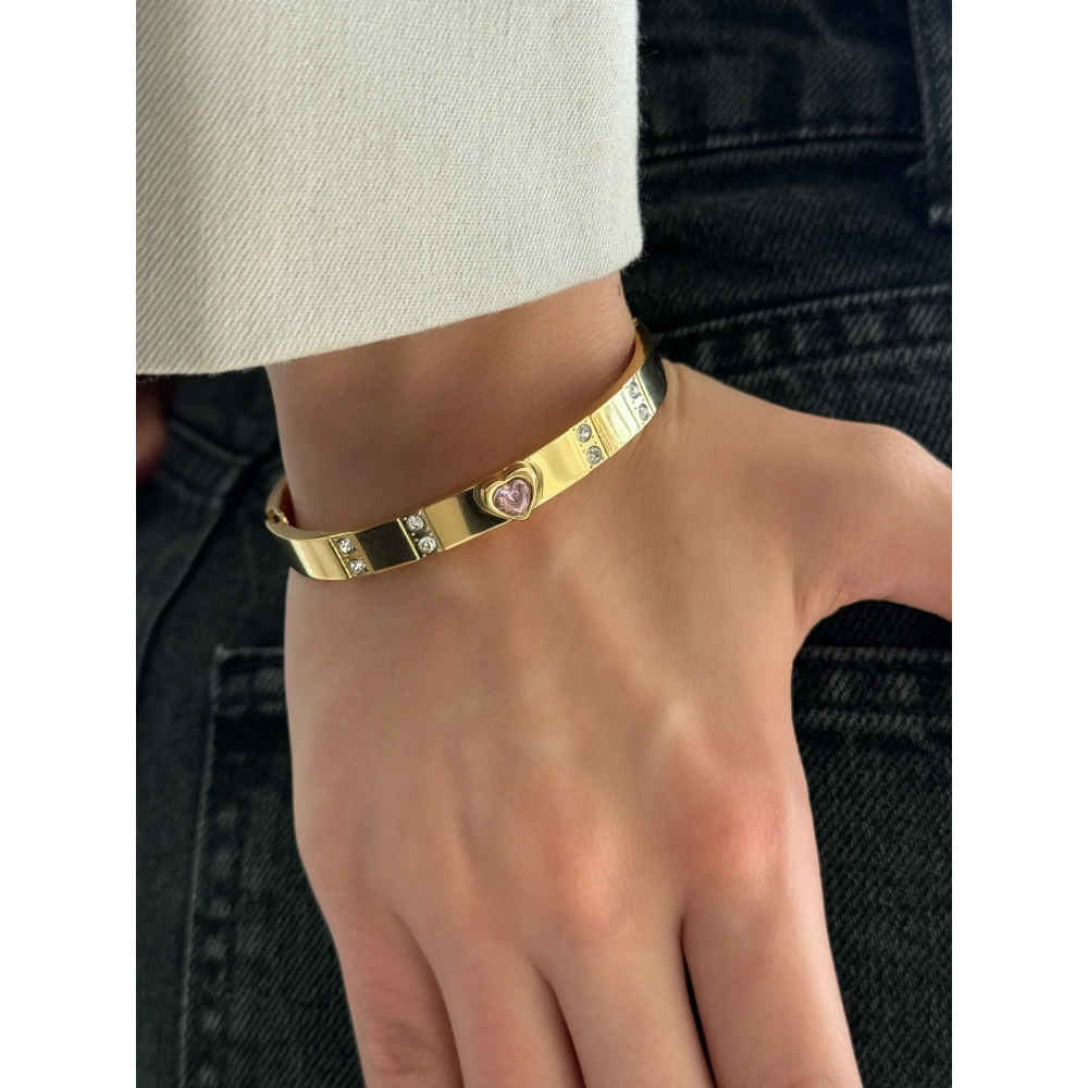 Çelik Pembe Kalpli Kelepçe Bileklik