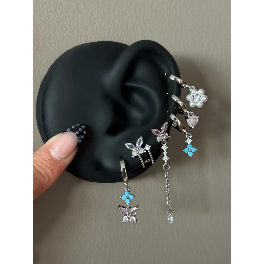 Çelik Pembe Kelebekli 6 Lı Küpe Seti