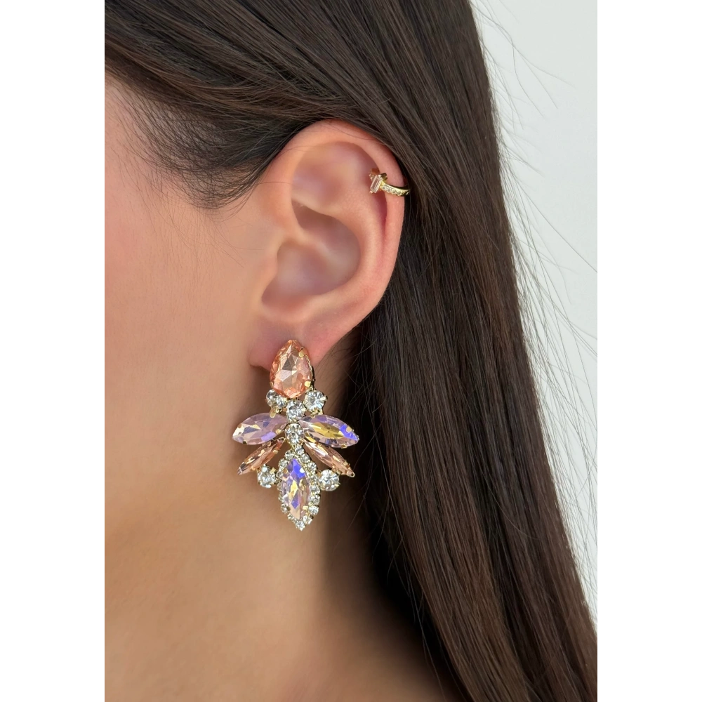 Çelik Pembe Kristal Taşlı Küpe