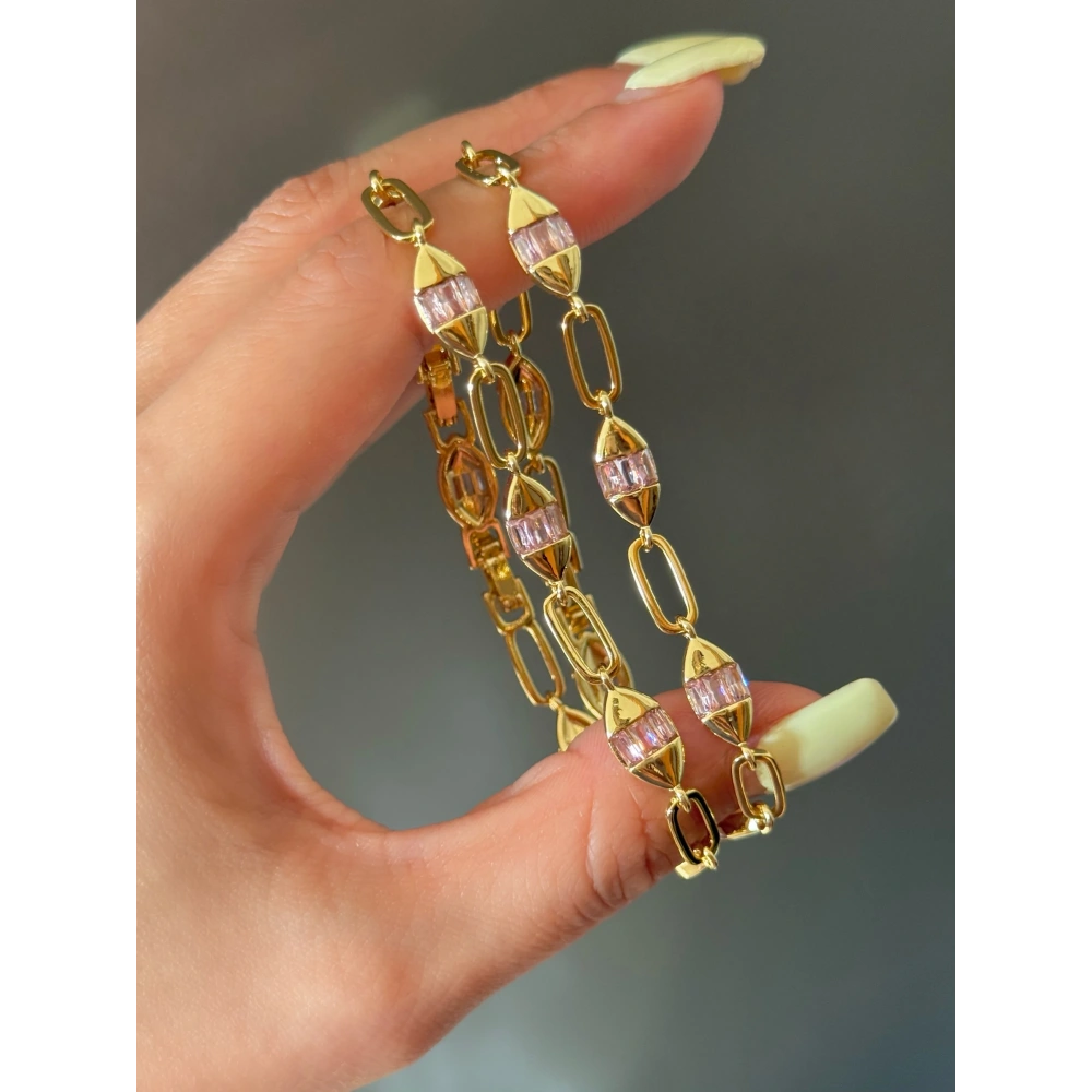 Çelik Pembe Minimal Taşlı Bileklik