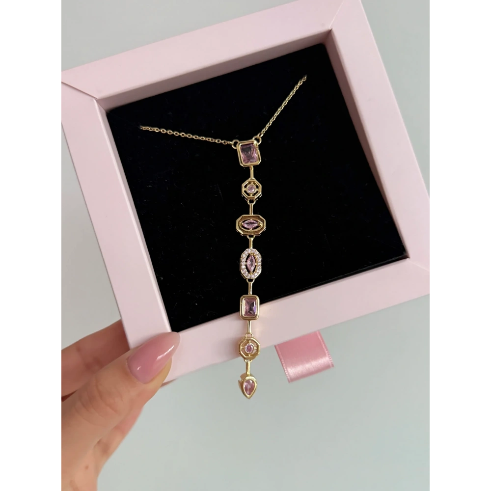 Çelik Pembe Renkli Baget Taşlı Kolye